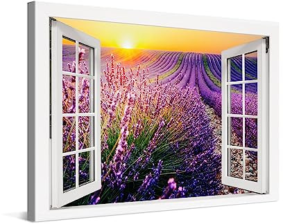 PICANOVA – Cuadro sobre Lienzo 120x80cm Atardecer de Campo de Lavanda Ventana – Imagen Impresión Montado sobre Marco De Madera – Cuadro Decoración Moderno Para Salón o Dormitorio