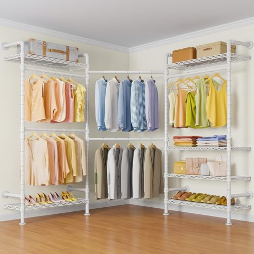 Timate L3 L Shape Garment Rack Heavy Duty Clothes Rack for Hanging Clothes, Industrial Pipe Wall Mounted Clothing Rack, Storage Closet Kit for Walk in Closet Systems, Adjustable Wardrobe Closet, White
