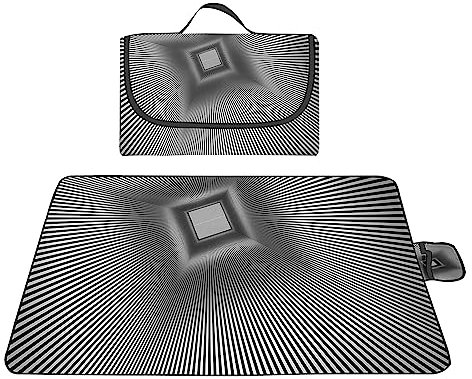 TengYuer Picknickdecke 180x200cm Stranddecke Wasserdicht Sandfrei Isoliert Faltbar Strandmatte mit Tragegriff Outdoor Campingdecke XXL für Camping Parks Strände Picknick Grau Schwarze Linien