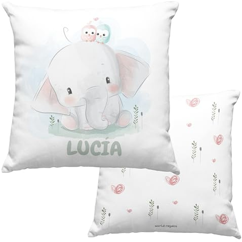 Worfull Regalos Cojín Vuelta al Cole Personalizado, cojín con Nombre, guardería, cojín Infantil, cumpleaños, niños, bebé, Almohada, Vuelta al Cole, Regalo Original, Nacimiento (Elefantes con PÁJAROS)