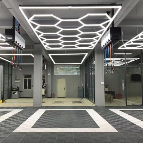 XAEIOW 14 luces LED hexagonales, 65 W, 6500 K, superbrillantes, color blanco puro, iluminación de taller para sótano, almacén, salón de belleza de automóviles, tienda de detalles de automóviles, hogar
