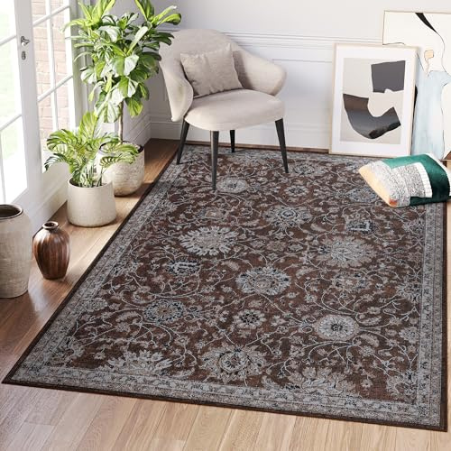 TAPISO Ritz Vintage Teppich - Braun Kurzflor Orientalisch Für Wohnzimmer, Schlafzimmer, Esszimmer - Rutschfest Waschbar, 240 x 340 cm
