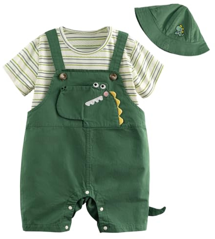 Volunboy Completi Estivi Bambino, Unisex Set di 3 Maglietta a Maniche Corte e Salopette Dinosauro con Cappelli Carino Abito Neonato Tuta