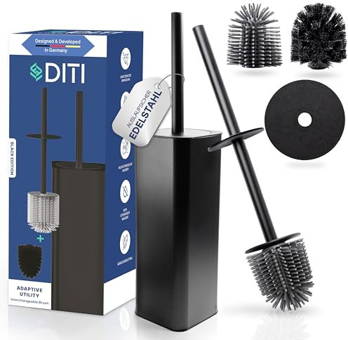 DITI Stainless Steel Toilet Brush Black - Square Silicone Toilet Brush with Holder & Splash Guard - Antibacterial & Rustproof - Includes Replacement Brush