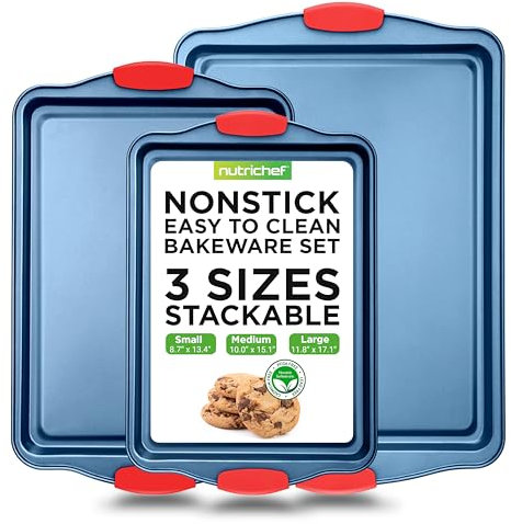 NutriChef Nonstick 3-Piece Baking Pans Set – Carbon Steel Bakeware with Blue Coating Inside & Outside and Red Silicone Handles, Durable and Reliable, Effortless Baking and Easy Cleanup (Blue)