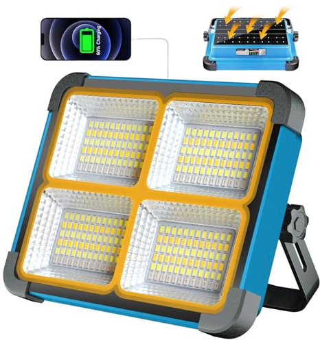 ErayLife Projecteur LED Rechargeable 100W, Projecteur LED Chantier Portable Batterie 10000mAh, Lampe de Travail 288 LEDs 5 Modes d'éclairage, Panneau Solaire, Absorption d'aimant pour Garage, Camping