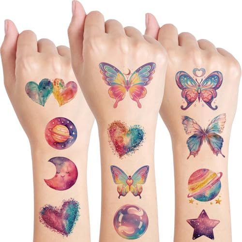 Qpout 10 Blätter Glitter Schmetterling Temporäres Tattoo für Mädchen, Schmetterling Gesicht Tattoo Glitzer Feenflügel Make-up, wasserfeste Fake Tattoos