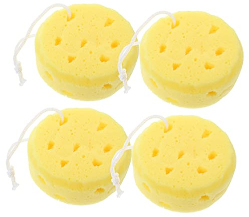 Mikinona 4 Esponjas de Baño Naturales Redondas Diseño de Doble Cara y Cuerda, Esponjas Exfoliantes Cuerpo para Ducha Ideales para Mujeres
