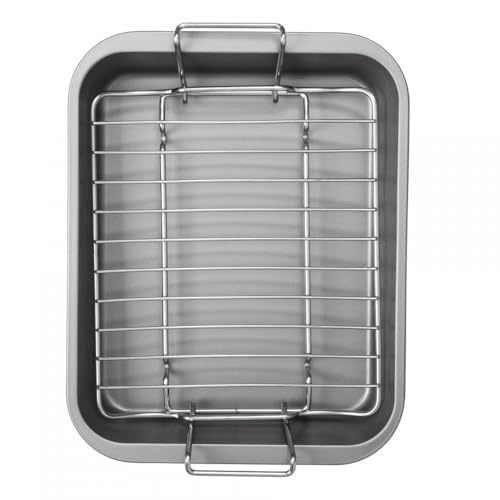 Nonstick Roasting Pan with Rack, 16x12, Heavy Duty Metal Bakeware Dish, Fits 15 lb Turkey, Wide Rim for Easy Handling, Large Roaster Tray for Chicken, Vegetables Dishwasher Freezer Safe