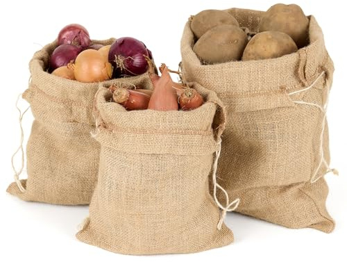 La Cordeline - 3 bolsas de yute natural para almacenamiento, conservación de verduras, patatas cebollas, con cordón, sujeción