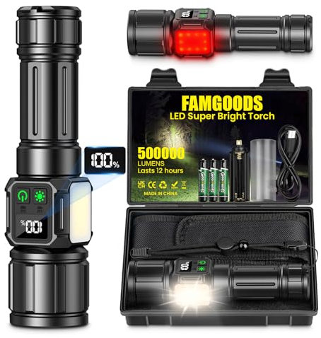 Famgoods Rechargeable Torch, 500000 Lumens Super Bright Torches Led, IP67 Waterproof, Adjustable Focus & Magnetic Base, 9 Lihghtning Modes Flashlight Powerful Tactical Torch for Camping Emergency Gift