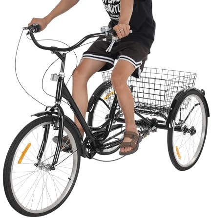 soudesileim Dreirad Für Erwachsene, 24 Zoll 7 Gang 3 Räder Fahrrad Erwachsenendreirad Mit Einkaufskorb|Glocke, Höheneinstellbar Lastenfahrrad Dreirad, 120Kg Tragfähigkeit (Schwarz)