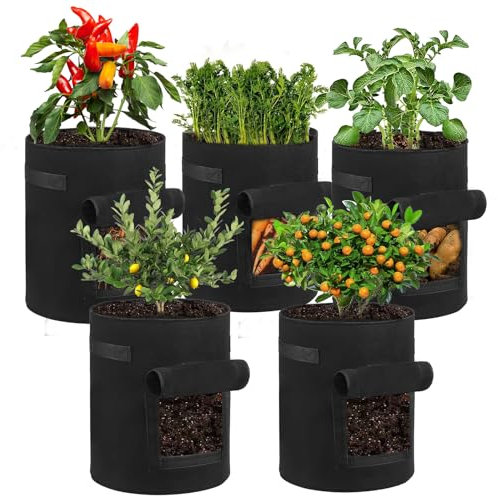EAEVKPI 5 Pièces Sac de Culture de Pommes de Terre, 10 Gallons Sac de Plantation avec Fenêtre et Poignée, Sacs de Culture en Tissu Non Tissé Respirant pour Pommes de Terre, Tomates, Carottes