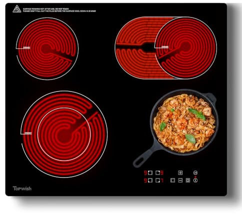 Topwish 4 piastre in vetroceramica, piano cottura in vetroceramica, piano cottura in ceramica, piano cottura Autark 60 cm, doppia zona, zona ovale, fornello elettrico con sicurezza bambini, indicatore
