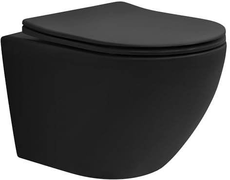 LuxeBath WC Sospeso Corto 49 cm Senza Brida Nero Opaco con Sedile Rimovibile in Duroplast con Chiusura Rallentata Ammortizzata Tavoletta Coprivaso Soft-Close Sanitari Bagno in Ceramica