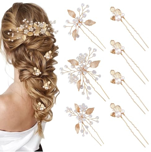 Yeomju 6 pièces d'épingles à Cheveux de mariée Feuilles dorées Perles Cristal Vintage Accessoire tête Mariage Bijoux avec Strass pour mariées Demoiselles d'honneur Enfants d'honneur (4 Styles)