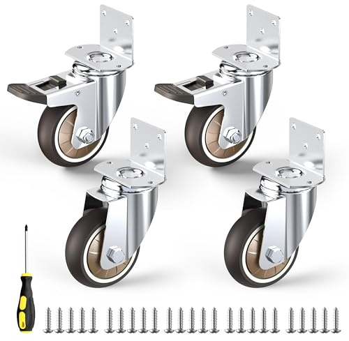 HOLKIE Set di 4 Rotelle per Mobile 75 MM con Piastra di Montaggio a L Nessuna Marcatura Ruote Girevoli con Cuscinetti Carico Fino a 300 KG Ideale per Tavolini,Credenza,Mobiletto,Culle (con 2 Freno)
