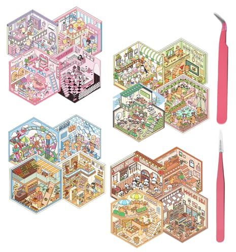 JazRvr 18 Stück 3D Sticker, 3D Sticker Scene, Kreative DIY-Szenen für Erwachsene und Kinder, 17,7 x 12 cm, Sticker Book für Dekoration und Spiel