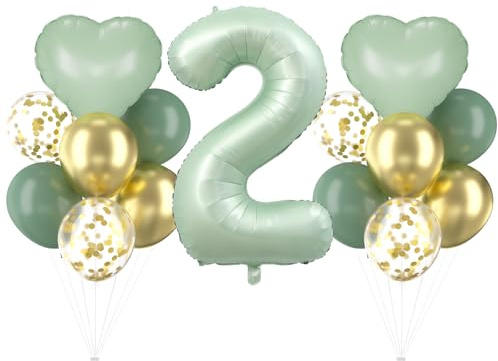 Cadimus Grün Luftballon 2.Geburtstag,40 Zoll Olivgrün Folienballon 2,Grüne Zahlenballons,Geburtstagsdeko 2 Jahr Jungen und Mädchen,Herz Folienballon,2 Jahr Ballon