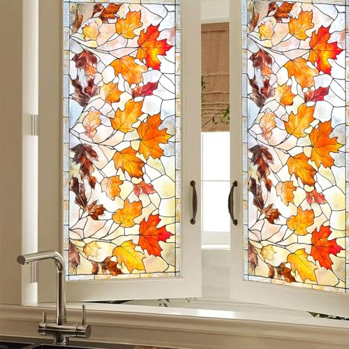 HOMETITUTE Stained Glass Window Film Decorative 18x39 Inch Autumn Leaves Cling PVC Window Privacy Film Stained Glass Panel for Windows Fall Seasonal Decor Indoor Use