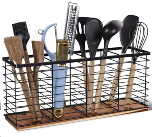 Fibogollo Extra Large Kitchen Utensil Holder with 4 Compartments,Metal Utensil Organizer with Acacia Wood Base for Kitchen Countertop, Flatware Organizer for Silverware and Cooking Utensils Crocks