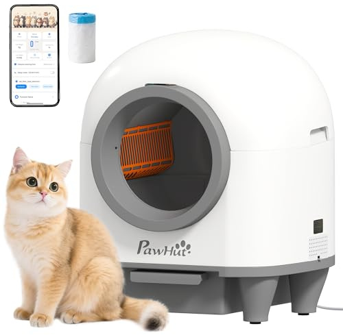 PawHut Lettiera Autopulente da 80L per Gatti 1-5 kg con Box per Fragranza e Sacchetti, Lettiera per Gattini in PP, 55.5x51x58.5 cm, Bianco e Grigio