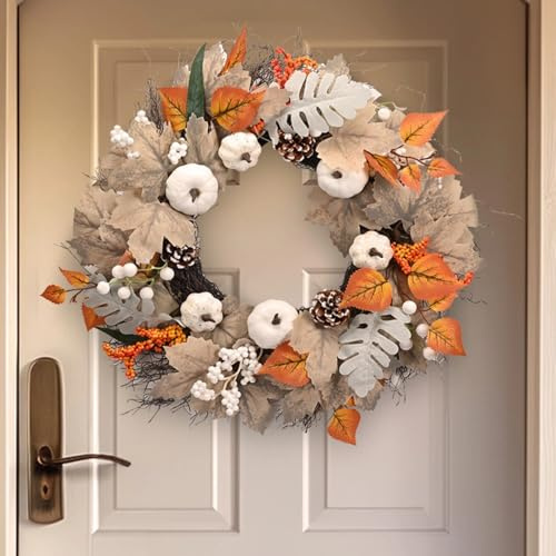 Autumn Wreath Front Door 19.6inch/50cm, Hanging Indoor Outdoor Fall Wreath with Leaves Berries and Pumpkin Harvest for Thanksgiving Harvest Festival Autumn Home Decoration(A)