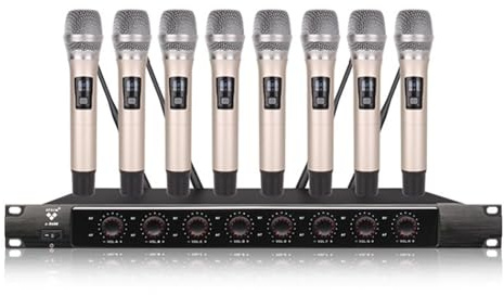Professional UHF Wireless Microphone System, 8 Channel with 8 Metal Handheld Mics, 80m Range, Independent Volume Control for Live Events and Performances