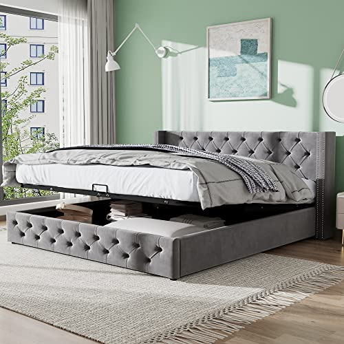 Doppelbett - Polsterbett Ohrenform Doppelte Nietenreihe Flanell, Knopfnähte Kopf-und Fußende, 160*200 Hydraulisches Funktionsbett Bettunterseite ist mit schmutzabweisenden schwarzen Vliesstoff, Grau