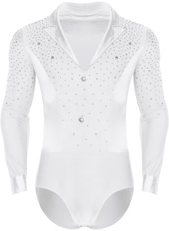 Winnrchan Mens Long Sleeve Latin Dance Shirt Tops Figure Skating Bodysuit Tango Cha-cha Ballet Dancewear White Small