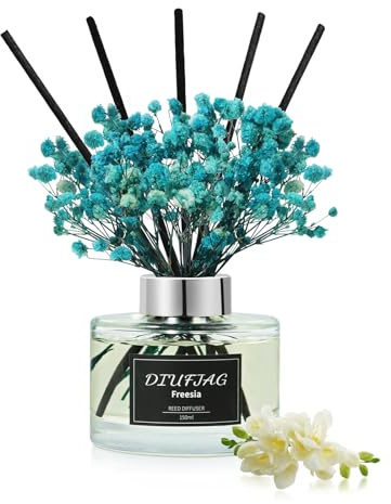 DIUFJAG Fresia - 150ml Difusor de Aroma con 8 Varillas, Fragancia para el Hogar, Aroma de Caña, Ambientador para Dormitorio, Oficina, Baño, Estantería Decoración