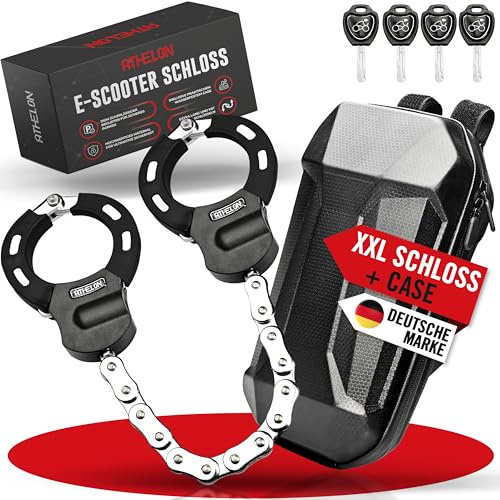 ATHELON® E Scooter Schloss [extra sicher] - Langes & schnittfestes Handschellenschloss für E-Scooter mit Kratzschutz inkl. Zubehör [Case & 4 Schlüssel] - für Roller, Fahrrad, Anhänger oder Kinderwagen