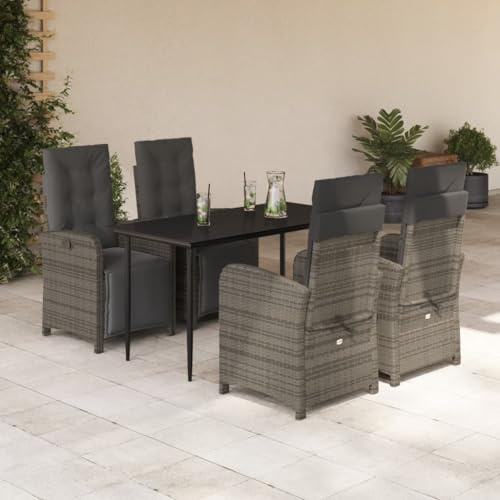 QJBSAVVA 5-teilig Garten-Essgruppe Poly-Rattan Sessel mit Verstellbarer Liegefunktion 57 x 60 x 93/110 cm Glas-Esstisch 140 x 70 für Balkon Terrasse kleine Gärten