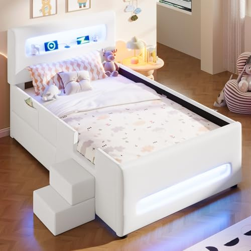 A ALFRESCOOL Kinderbett 90x200, Halbhochbett mit Treppe, Schubladen, LED-Lichtleisten und Aufbewahrungstaschen, Bett mit Lattenrost und Stauraum, Jugendbett, Funktionsbett, Ohne Matratze(Weiß)