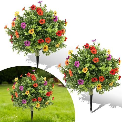 Garvee Set of 2 Artificial Boxwood Topiary Ball Trees with Mixed Flowers – 60cm UV Resistant Faux Shrubs, Realistic Fake Plants for Outdoor Garden, Front Porch, Home Décor, Mixed Color