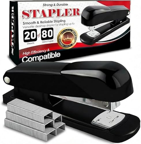 AHG Black Office Stapler with 5000 Staples Included – Compact Desktop Stapler 20 Sheet Capacity – Small Manual Stapler for Home Office, School & Stationery – Uses Standard 24/6 Staples, Non-Slip Base,