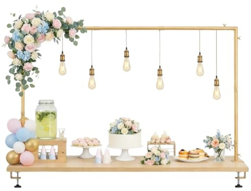 TERRE JARDIN Arche de Table Extensible Métal Doré - Support Décoration Réglable 79 à 280 cm avec Pinces - Cadre Arche Métal pour Ballons, Mariage, Anniversaire, Noël
