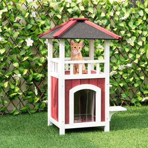 COSTWAY Katzenhaus Outdoor winterfest, Katzenhütte Holz mit 2 Etagen, Katzenhöhle mit Terrasse & Asphaltdach & Vorhang & 2 Sprungtürmen, Katzenvilla draußen, Holzhütte für Katzen, 58 x 50 x 87 cm, Rot