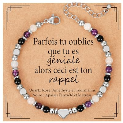 Aretas Bracelet quartz rose améthyste tourmaline noire apaisement stress bijoux Fête des mères cadeau anniversaire pour elle amies ou famille