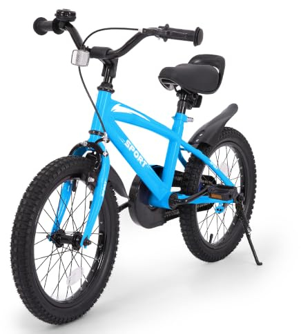 BODIOO Kinderfahrrad 16 Zoll Kinderrad für Jungen und Mädchen mit verstellbarem Sitz, Stützrädern, Handbremse, Rücktrittbremse und stabilem Rahmen für Fahrer von 104–117 cm (Blau)