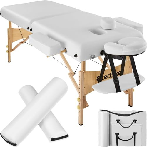 tectake® Massageliege 2 Zonen, Massage Liege klappbar, Massagetisch mit 7,5cm Polsterung, Mobile Massageliege, Kopf- und Armstütze, Massagebank mit Holzfüßen, 2 Lagerrungsrollen, Tragetasche - weiß