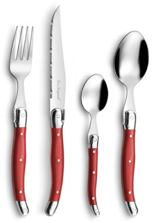 LOU LAGUIOLE Tradition Service 48 couverts en Inox Pour 12 personnes, Rouge