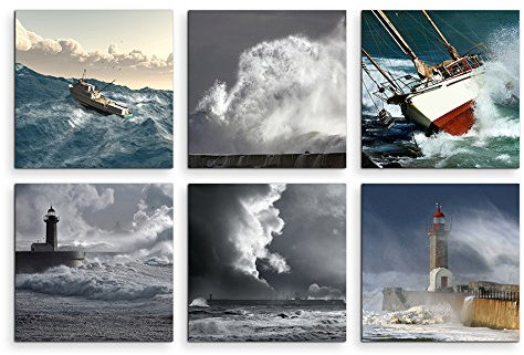 Sinus Art Bilder Set 6 STK je 40x40cm Leuchtturm Unwetter Sturm Meer Wellen