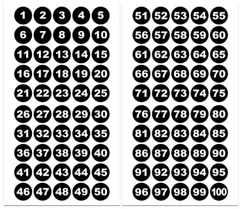 Runde Zahlenaufkleber 1-100, Vinyl - 30mm - weiße Zahlen auf schwarz