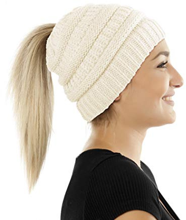 Balinco Damen & Mädchen Strickmütze mit Zopfloch für Ihren Pferdeschwanz - gestrickte Wintermütze (5a)