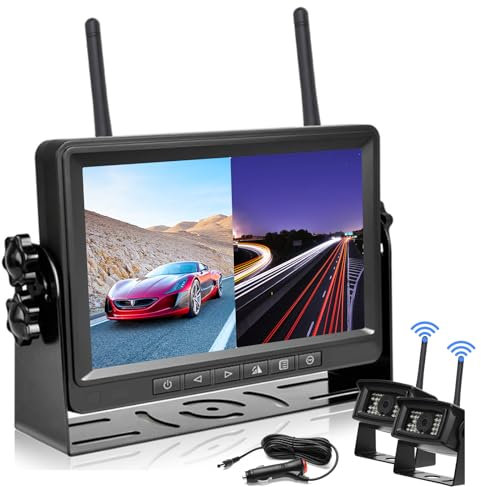 Rückfahrkamera Digitale Kabellose mit 7-Zoll-LCD HD-Monitor, 2 Kameras Rückfahrkamera mit Monitor, IP69 wasserdichte LKW Funk Auto Kamera zum Einparken, Einparkhilfe mit Stabiler Signalübertragung