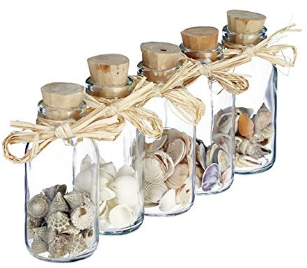 Relaxdays Conchas de Mar Decoración, Pack de 5 Botellas Cristal Mini, Estilo Marítimo, Caracolas Marinas, Multicolor