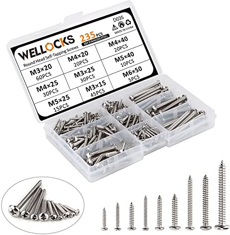 WELLOCKS Selbstschneidende Schrauben | 235 PCS M3/M4/M5/M6 Edelstahl Schrauben Sortiment Kit | Rundkopf Pan Blechschrauben Holzschrauben Set mit Aufbewahrungsbox | für Hausgemachte Reparatur(D035)