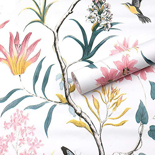 Rollo de papel tapiz rústico para pelar y pegar, vinilo floral vintage, autoadhesivo, mariposa, pájaros, papel de pared, para muebles, gabinetes, estantes, decoración de paredes 45X300CM