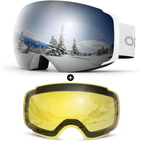Odoland Skibrille Ski Goggles für Damen und Herren Jungen Rahmenlose Snowboardbrille mit Magnetische Wechselglas OTG Design UV-Schutz Helmkompatible zum Skifahren Silber VLT 10% + Gelb VLT 83%